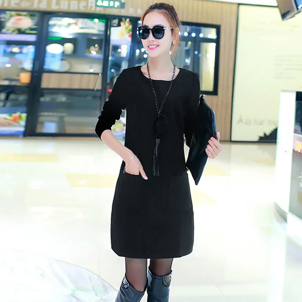 Women Velvet Padded Sweatshirt Dress With Pocket Detail