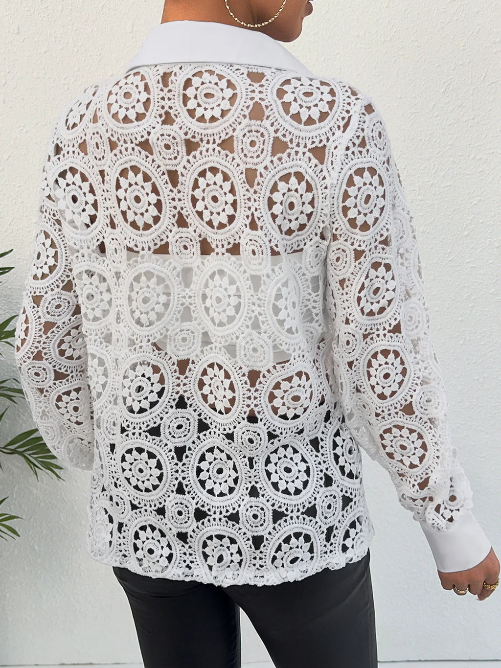 Women's Paisley Lace Button Front Blouse Hollow Out Long Sleeve Lightweight Top for Spring and Summer