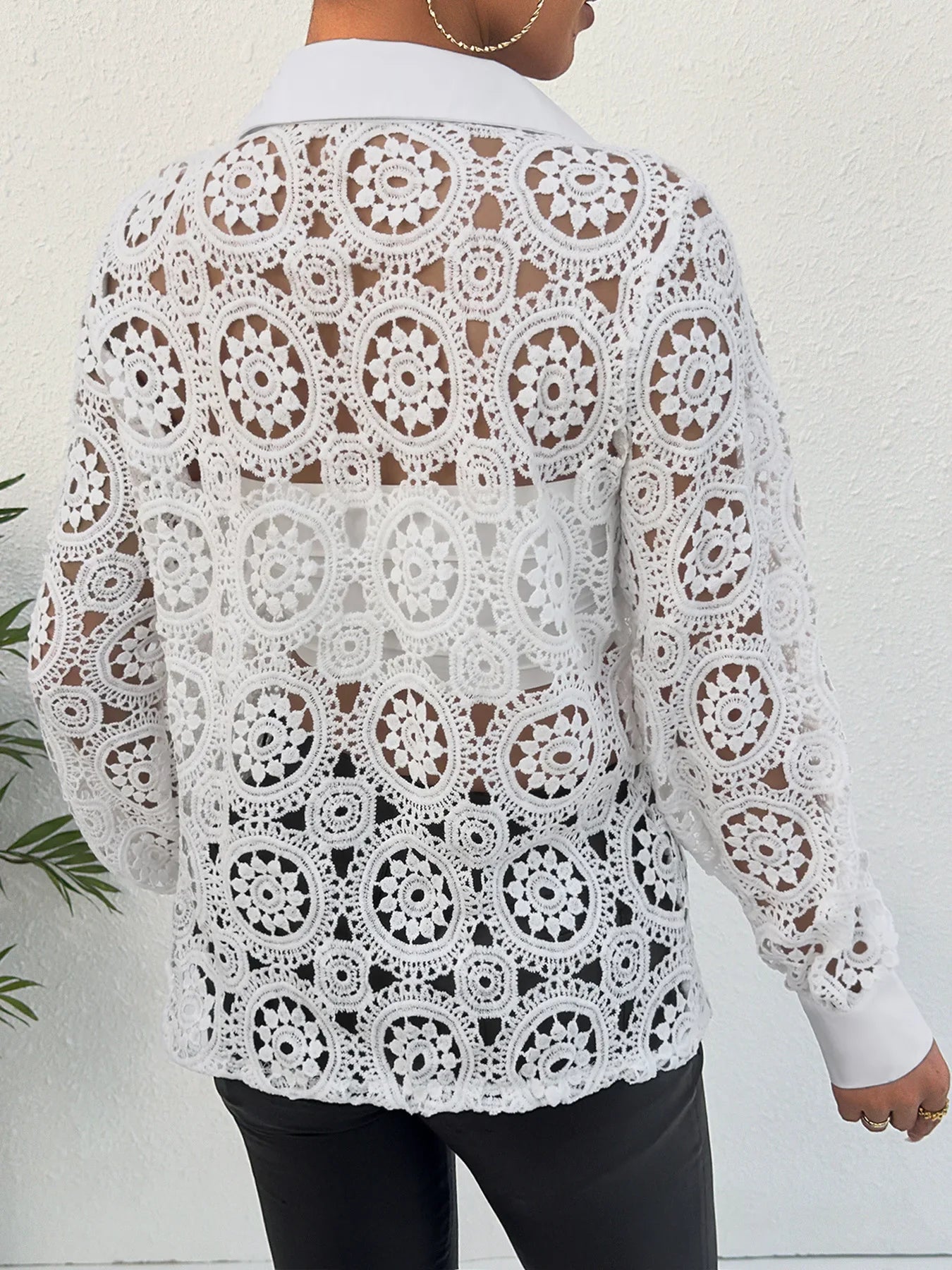 Women's Paisley Lace Button Front Blouse Hollow Out Long Sleeve Lightweight Top for Spring and Summer