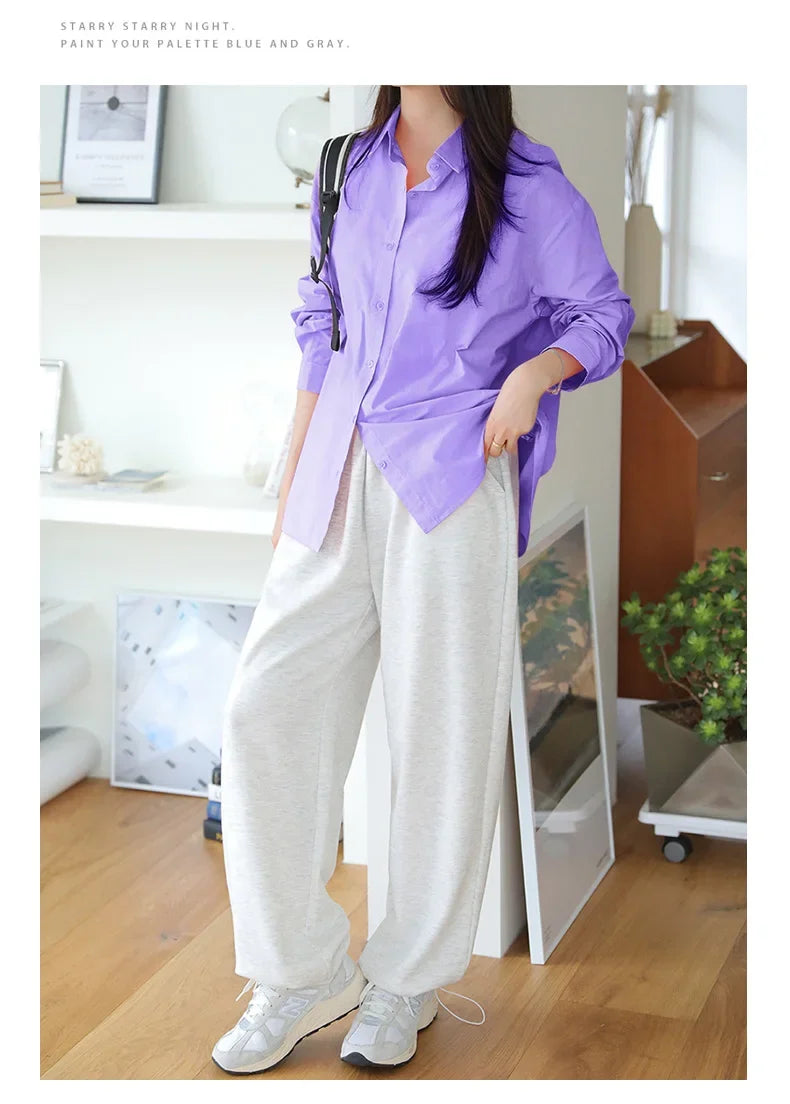 Women's Casual Loose Fit Long Sleeve Lapel Shirt 100 Percent Cotton Pure Color Versatile Layering Top for Spring and Autumn