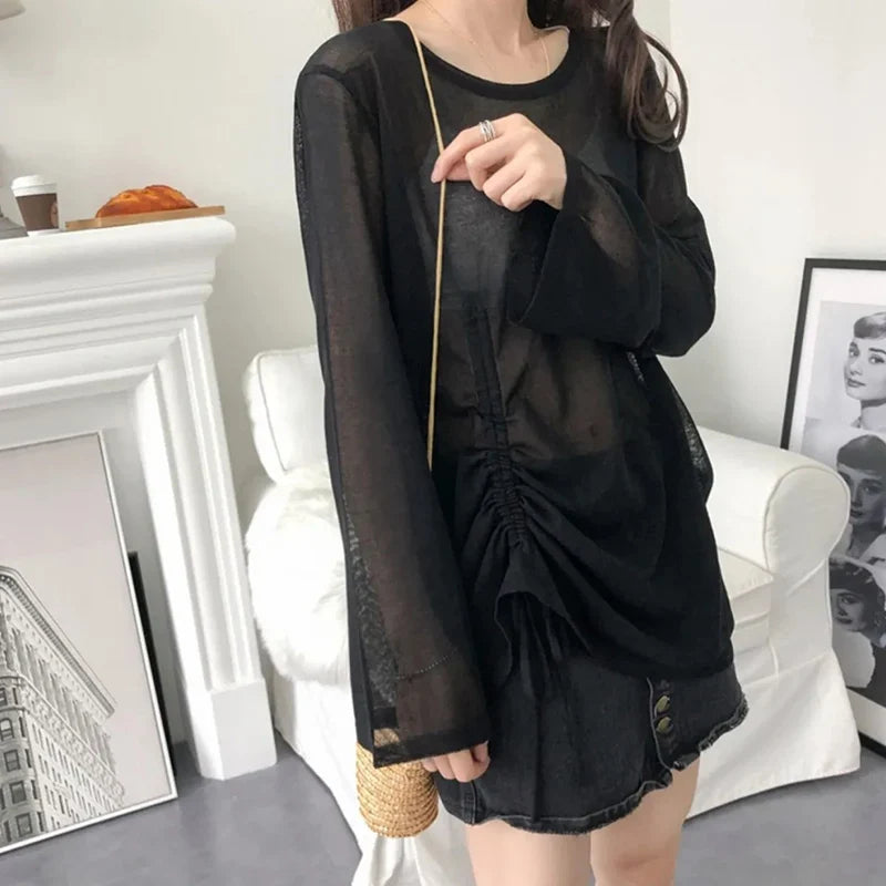 Rimocy Women Ice Silk Long Sleeve Sunscreen T Shirts for Summer Fashion with Drawstring Loose Fit