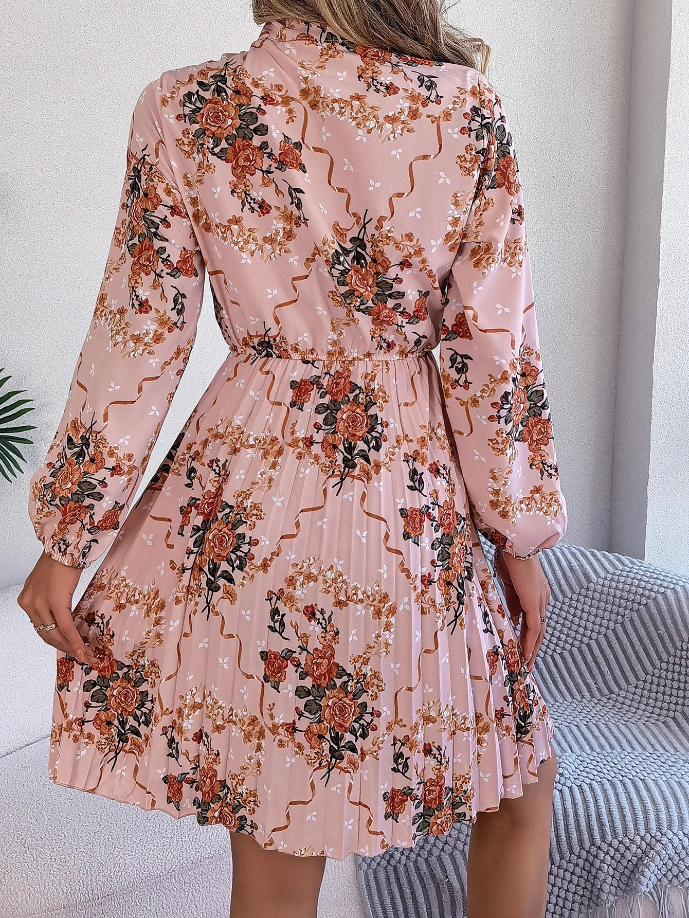 Floral Print Lace Up Long Sleeve Pleated Dress With Bow