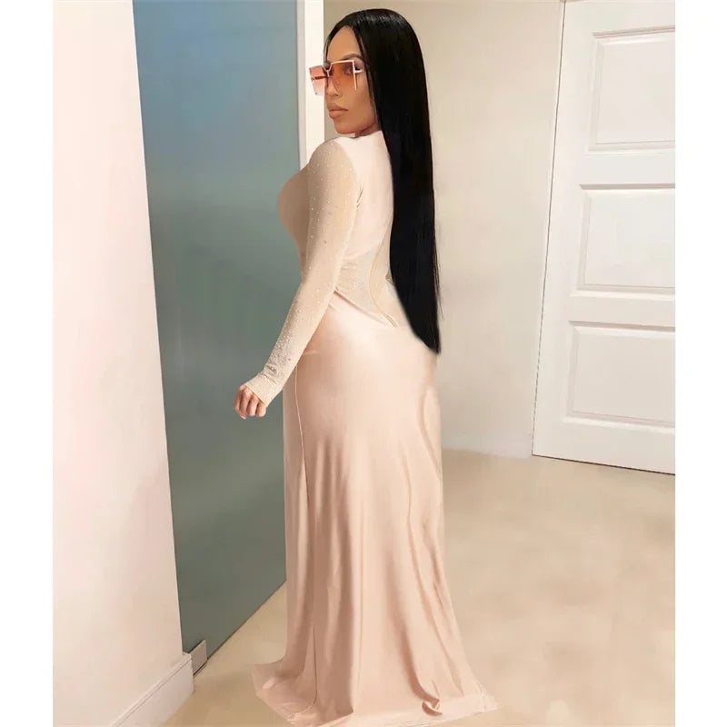 Elegant Rhinestone Long Sleeve Sheer Mesh Patchwork Skinny Jumpsuit Women's Luxury Night Party Club Romper Overalls Birthday Outfit