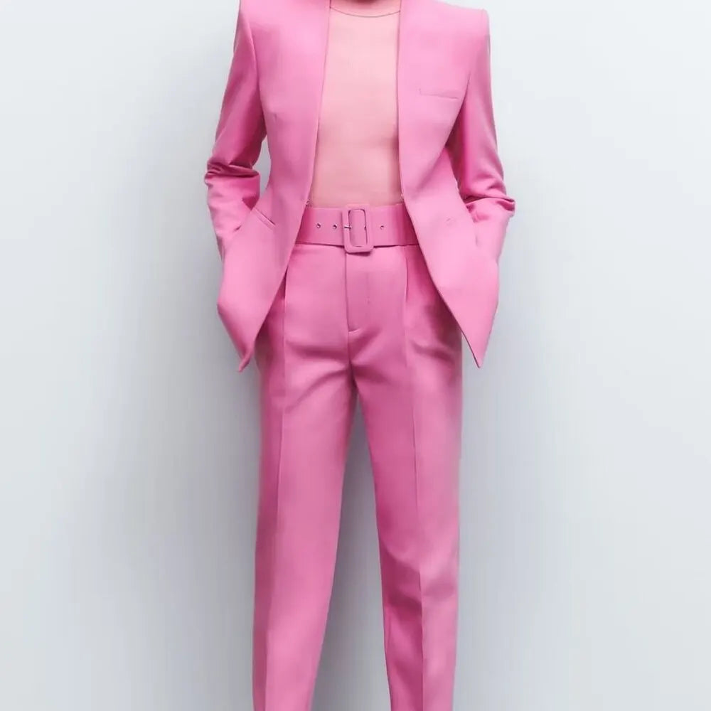 Women's Solid Color Office Suit Coat and High Waist Ankle-Length Pants Set