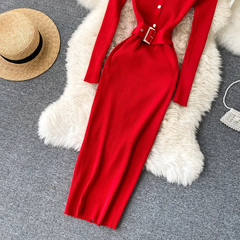 Womens Winter Knitted Dress Stand Collar With Sash Belt