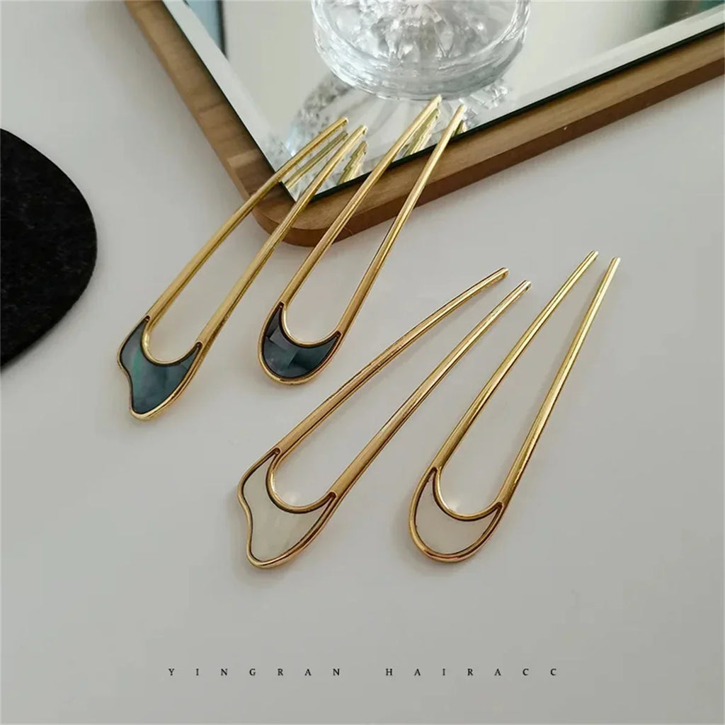 Elegant U Shape Hair Stick for Women in Silver and Gold Color with Shell Enamel Design
