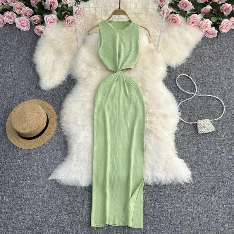Knot Hollow Out Waist Knitted Bodycon Maxi Dress For Women