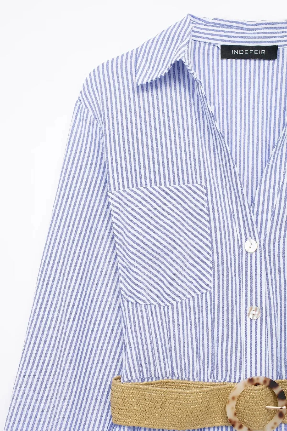 Blue Striped Shirt Dress With Belt Long Sleeve Midi