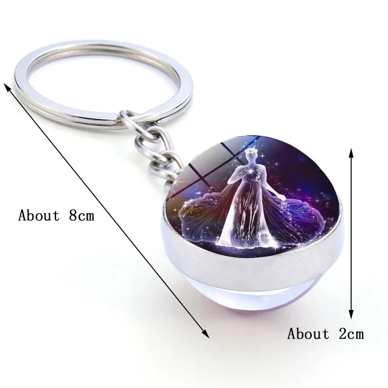 Luminous Zodiac Key Chain Double Sided Glass Ball Pendant for Men and Women Birthday Gift