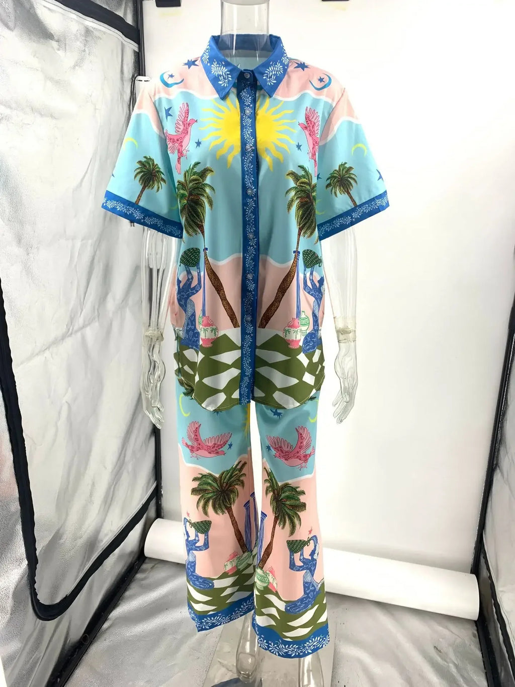 Summer Fashion 2 Piece Set for Women with Printed Half Sleeve Shirt and High Waisted Wide Leg Pants