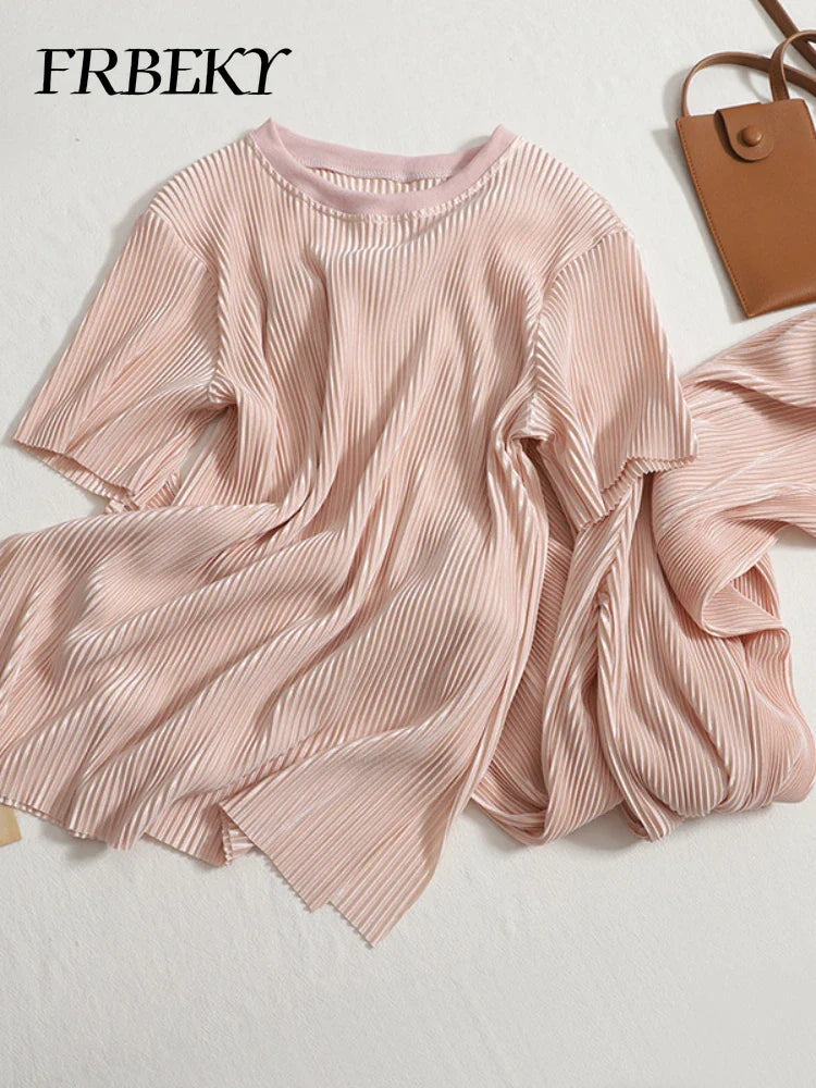 Elegant Summer Two Piece Set for Women Featuring Round Neck T-Shirt and High Waist Wide Leg Pants