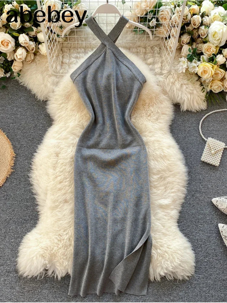 Elegant Solid Backless V Neck Knit Bodycon Dress For Women