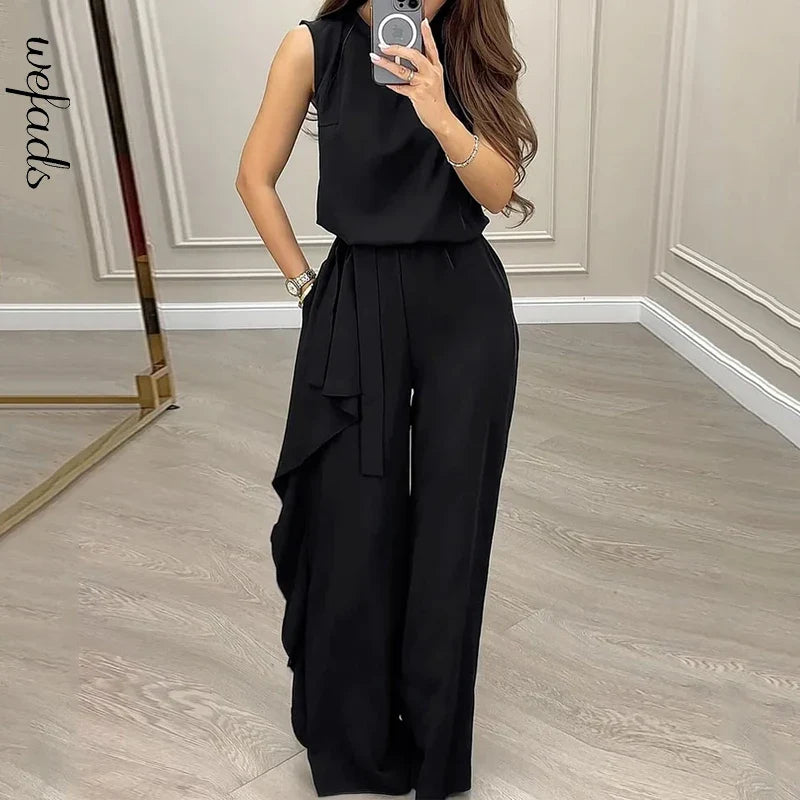 Casual Women's 2 Piece Set with Sleeveless Pullover Top and Ruffled Pants for Stylish High Street Look