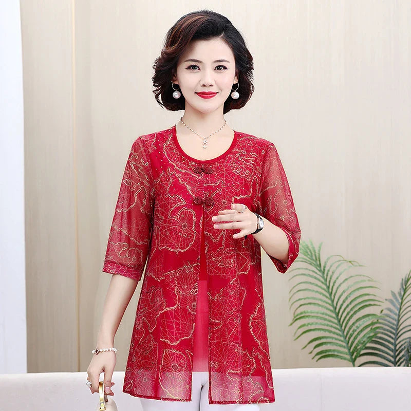Women's Summer Shirt Casual Loose Fit Fake Two-Piece Printed Top for Middle-Aged and Elderly