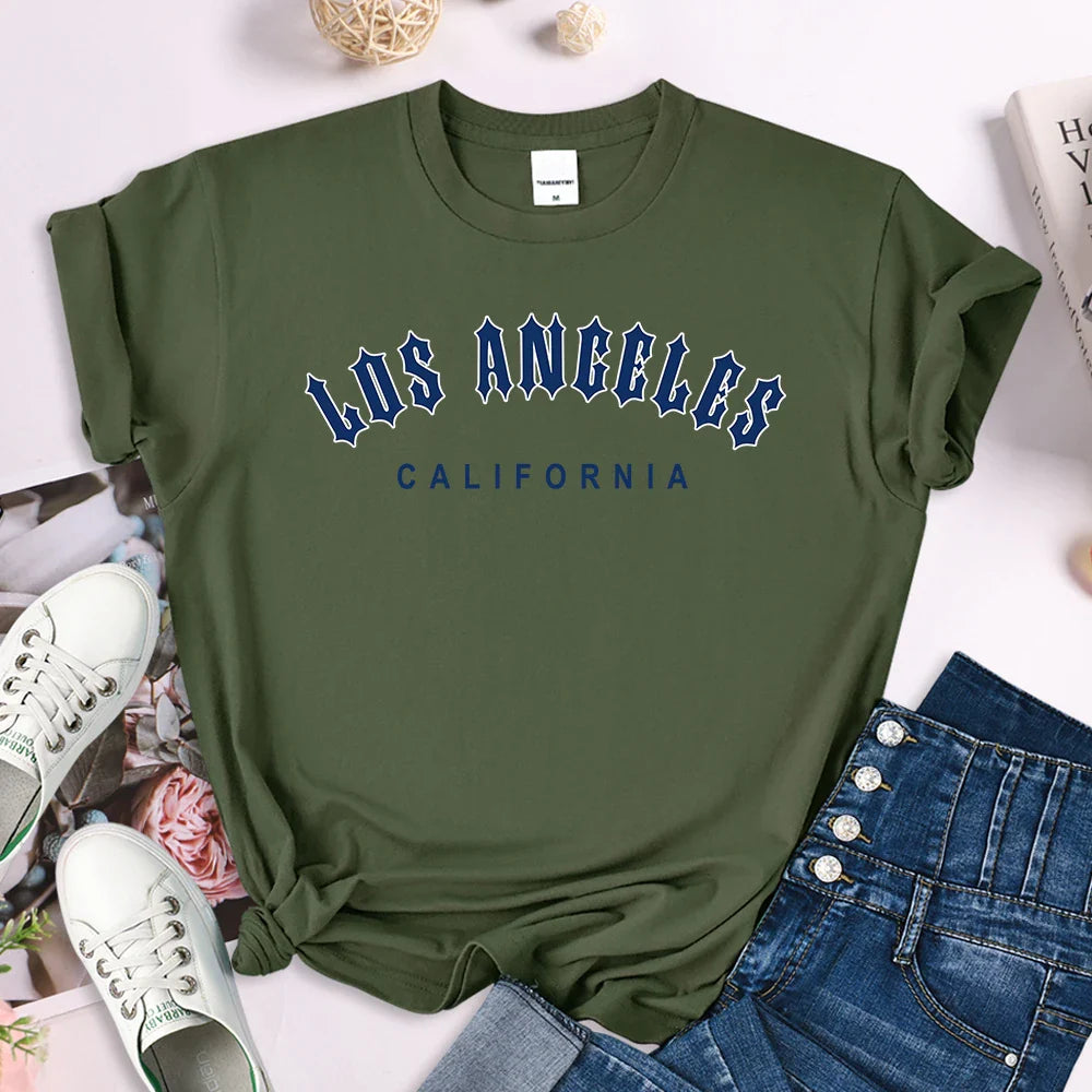 Los Angeles Letter Print Women's Casual T-Shirt Short Sleeve Crewneck Summer Style