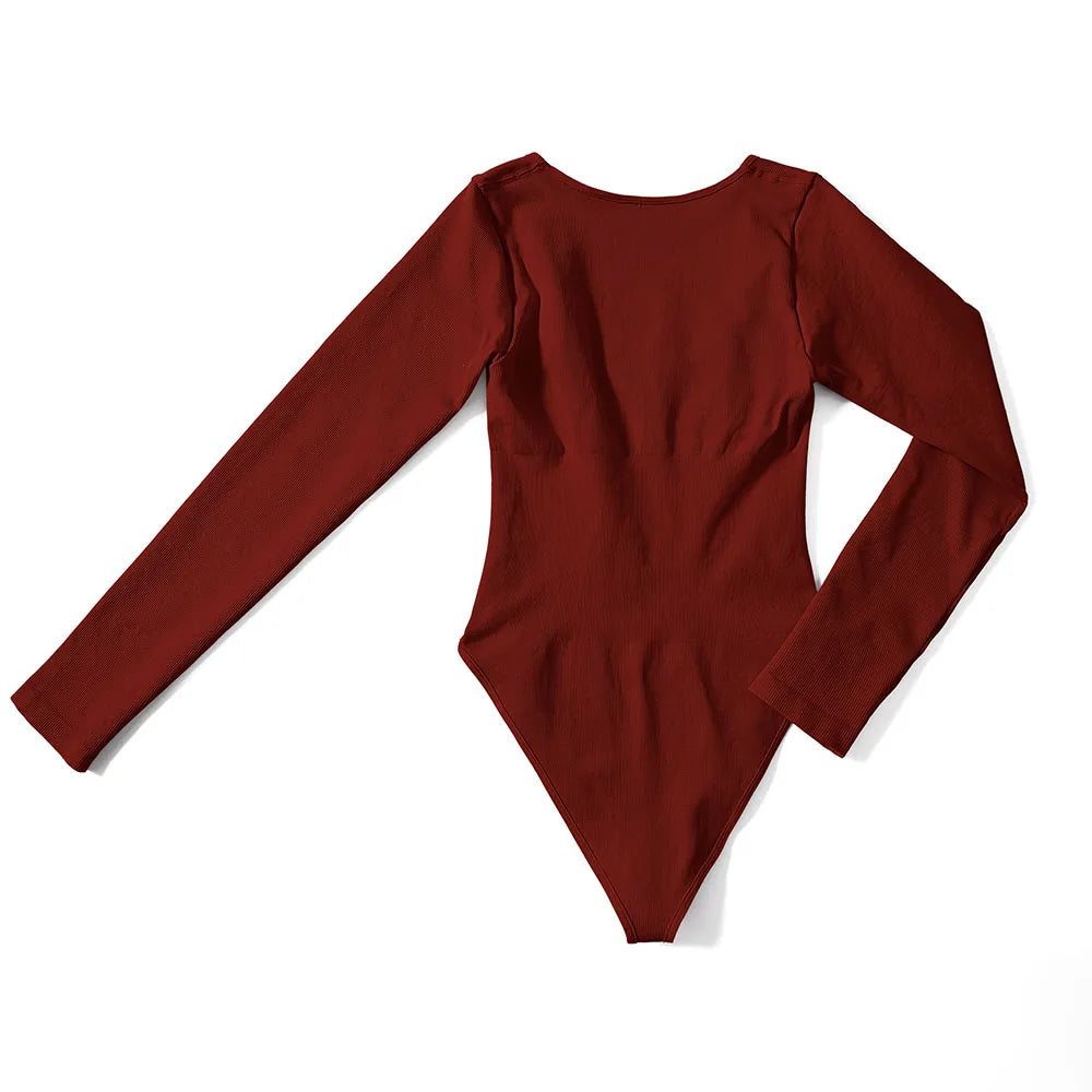 Sexy Long Sleeve Bodysuit for Women Skinny Bodycon V-Neck Push Up Romper Streetwear Jumpsuit