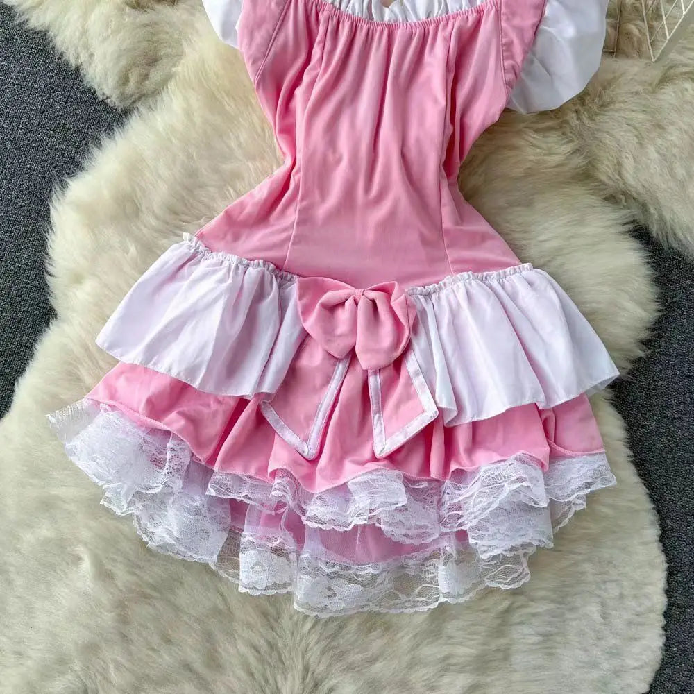 Lolita Maid Dress Short Summer Patchwork Lace Costume