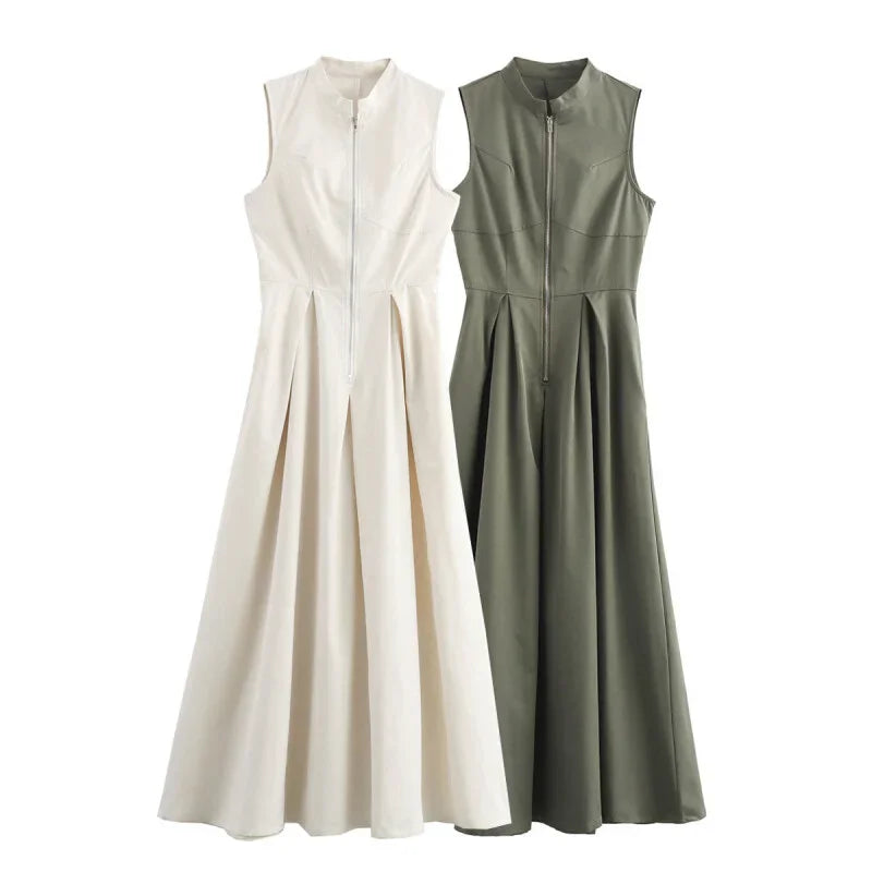 Elegant Sleeveless Pleated Long Dress For Women Office