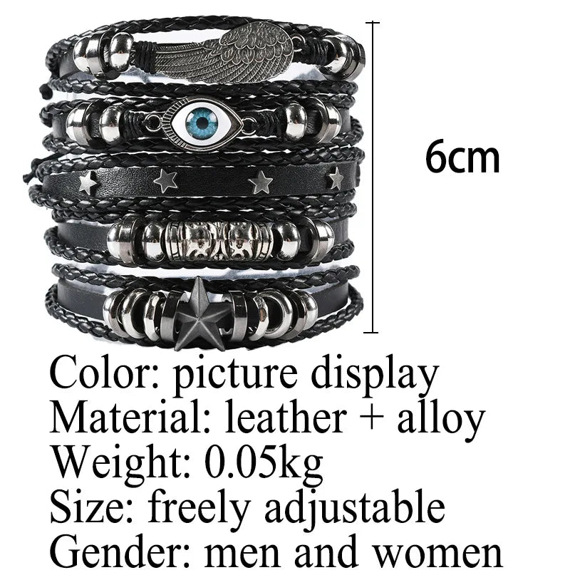 6 Piece Black Punk Skull and Star Shaped Alloy and PU Leather Bracelet Set