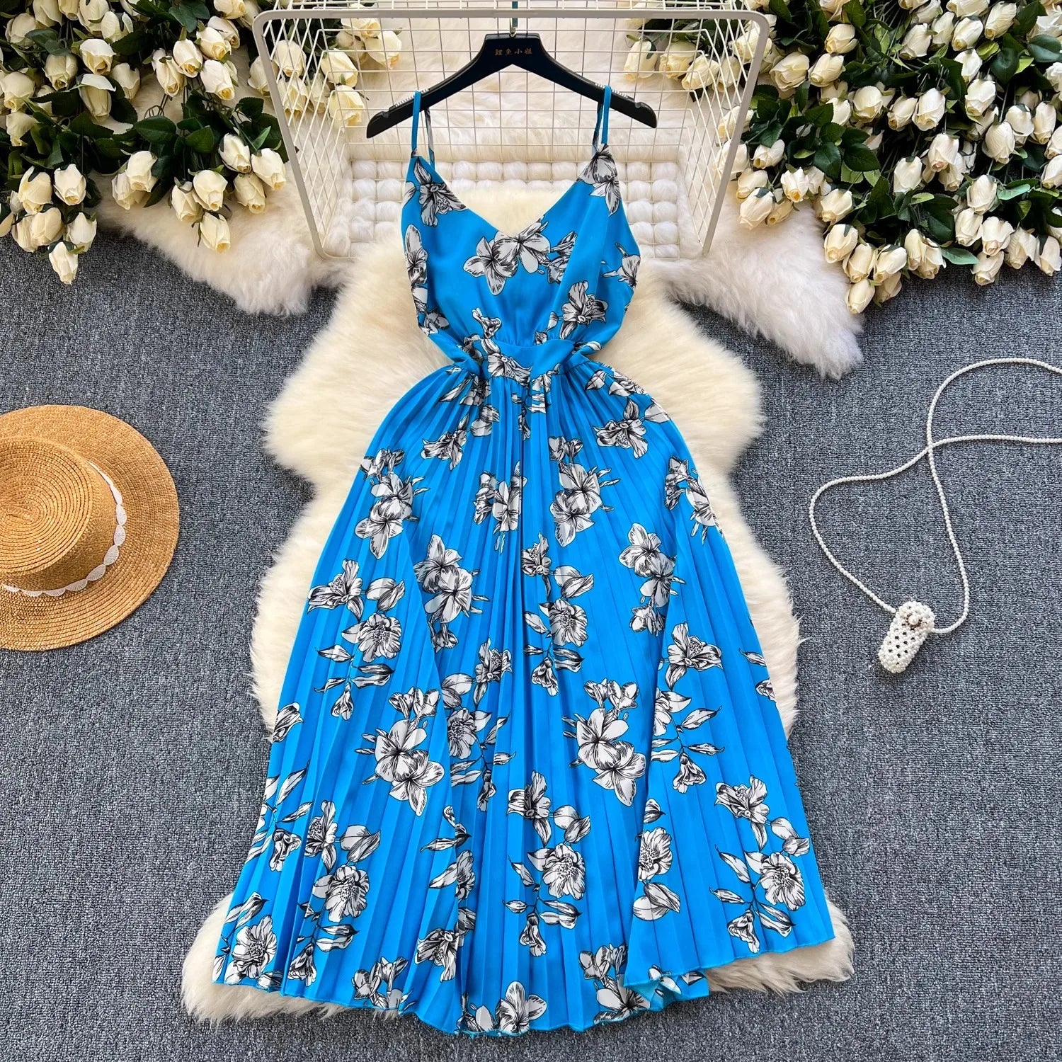 Floral Print Maxi Dress High Waist Spaghetti Strap Backless