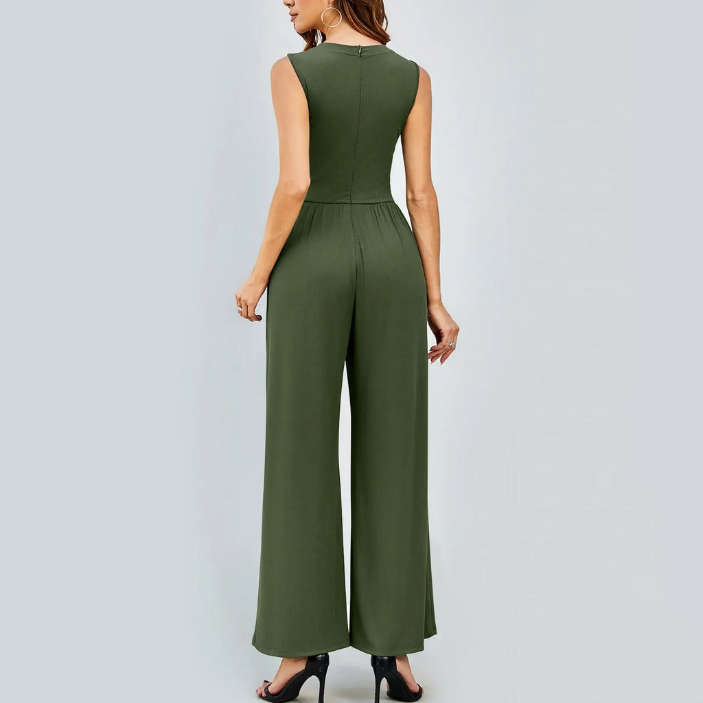 Women Sleeveless High Neck Ribbed Tank Top Jumpsuit Wide Leg Pants Romper with Tummy Control and High Waist Casual Summer Outfit