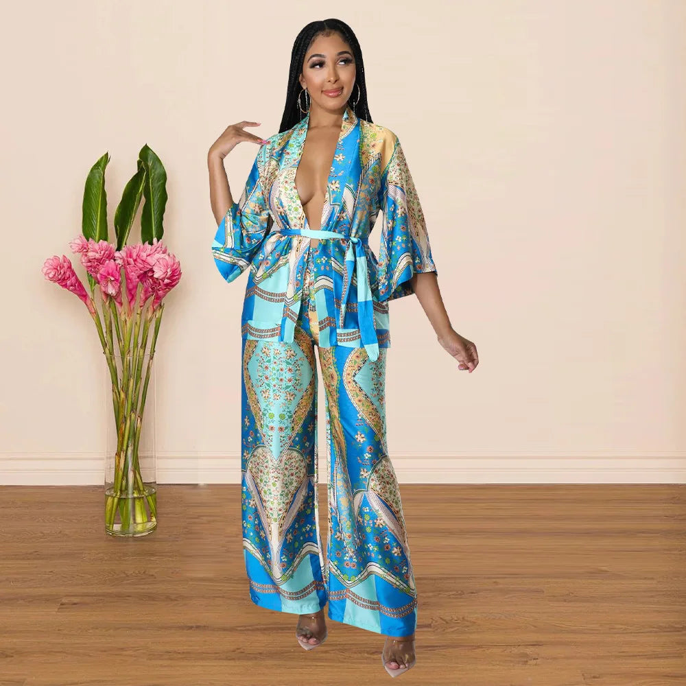 Women's Imitation Silk Printed Two Piece Set with Lace-Up Long Sleeve Top and Wide-Leg Pants for Casual Street Style