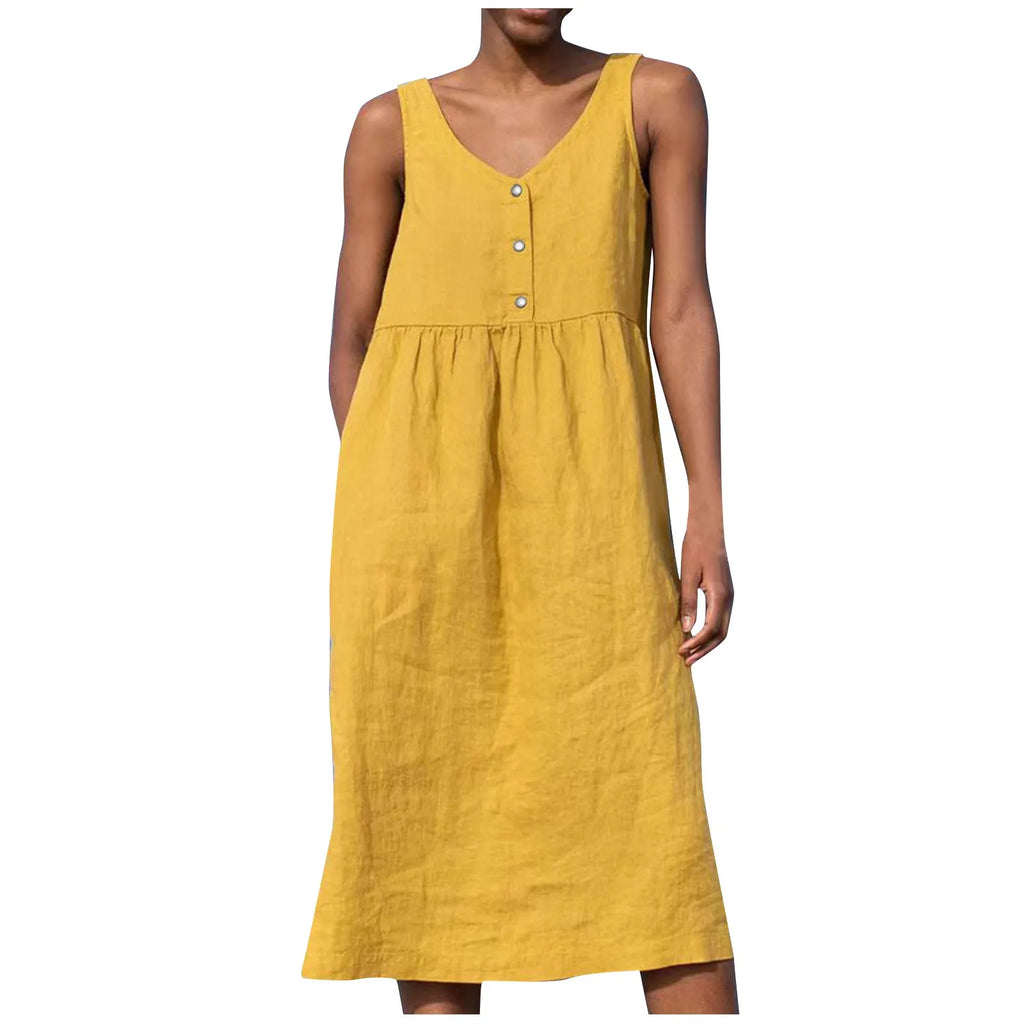 Boho Cotton Linen Sleeveless Dress For Women Summer Holiday