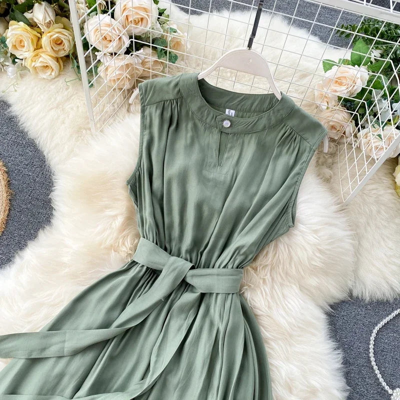 Sleeveless Summer Dress Solid Colors Green Blue Yellow Casual