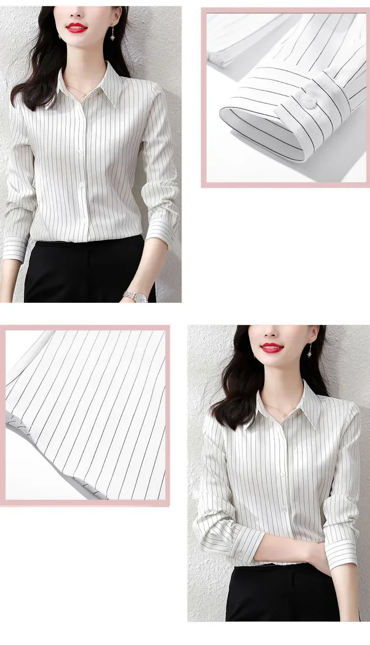 Striped Long Sleeve Women Shirt Button Up Blouse Lightweight Chiffon Tops Elegant Casual Office Wear