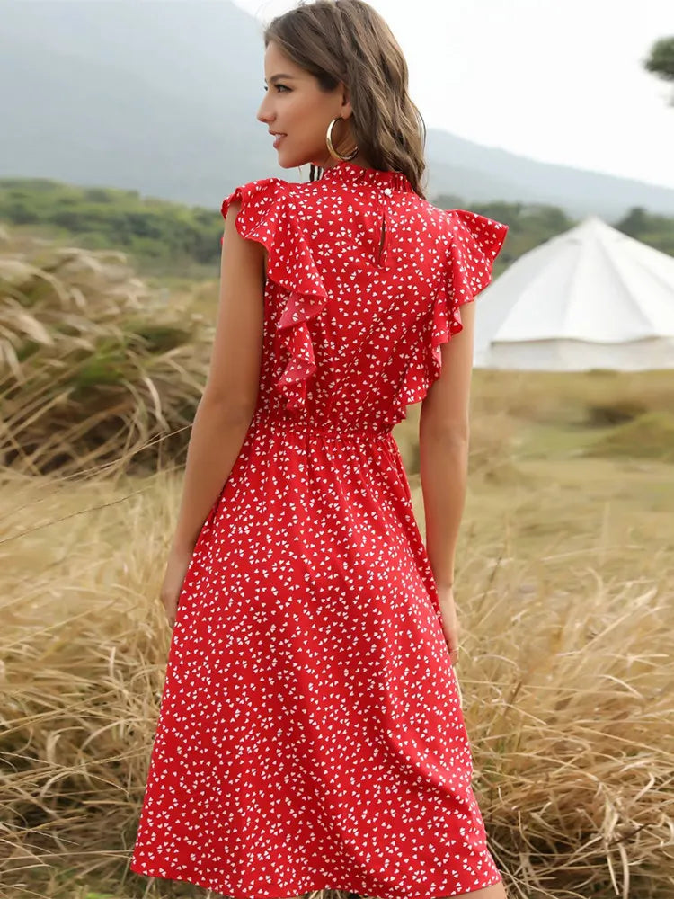Chiffon Dot Print Butterfly Sleeve Dress With Ruffles