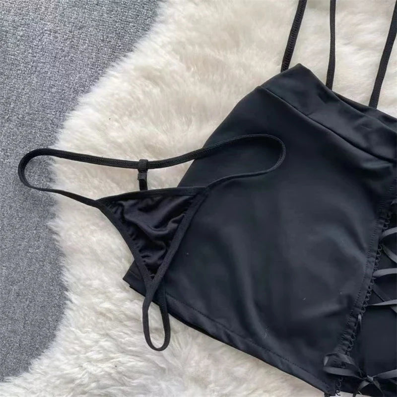 Women Preppy Sexy Uniform Set Sheer V Neck Top Lace Up Mini Skirt Hollow Out Thong Lingerie Cosplay Costume