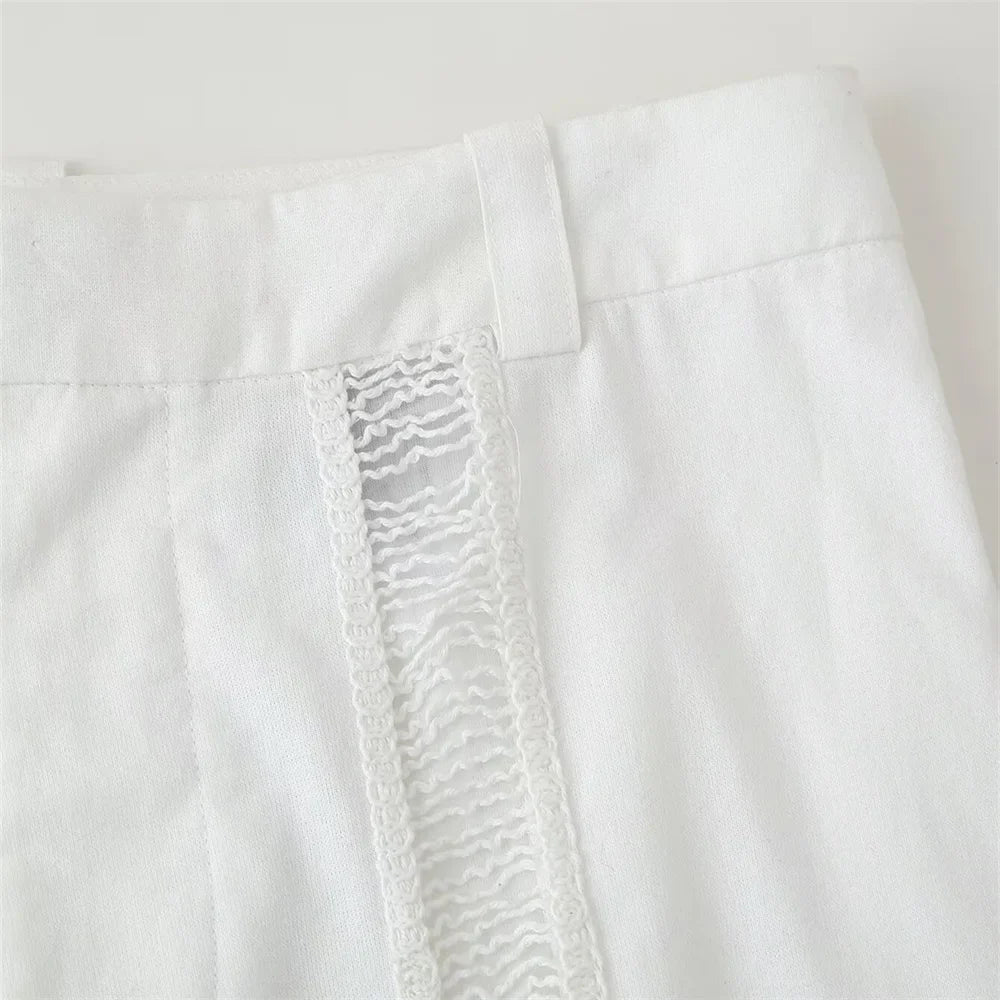 Versatile Women's Crochet Long Sleeve Lapel Shirt and Straight Leg Casual Pants Fashion Set