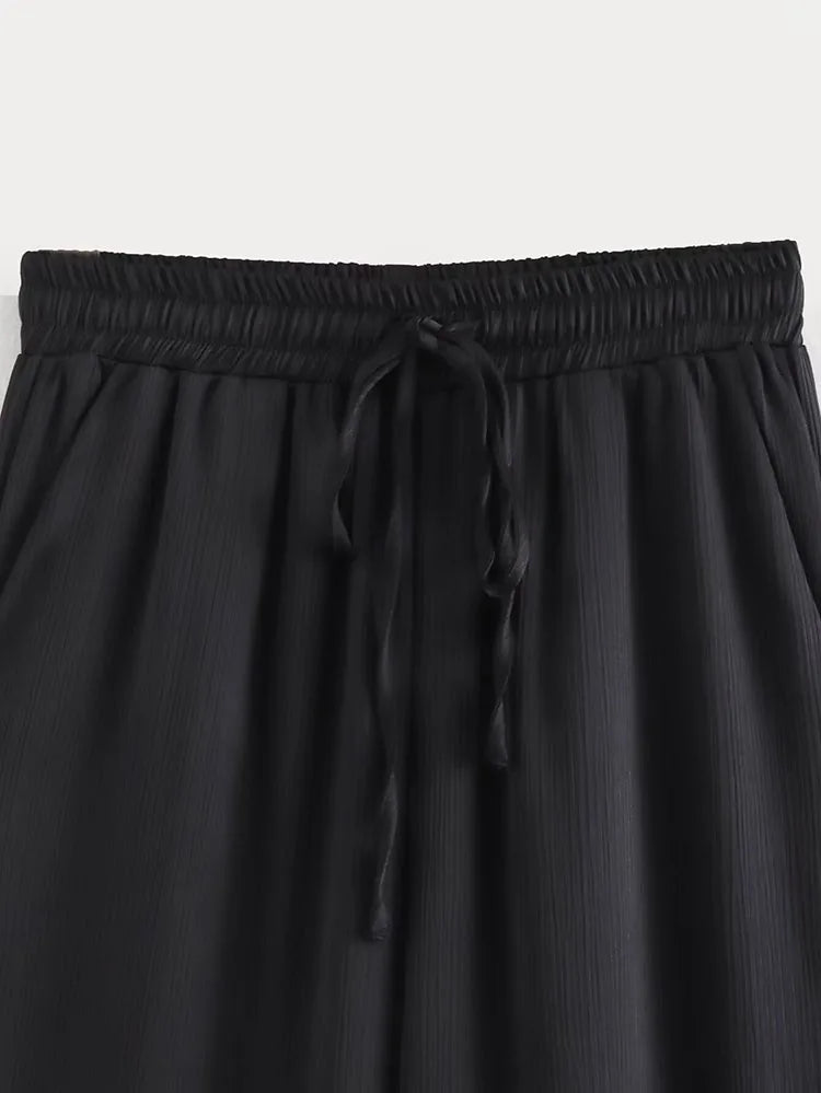 Pajama Style Women's Two Piece Set with Double-Breasted Satin Blazer and Lace Up Creased-Effect Trousers for Spring Fashion