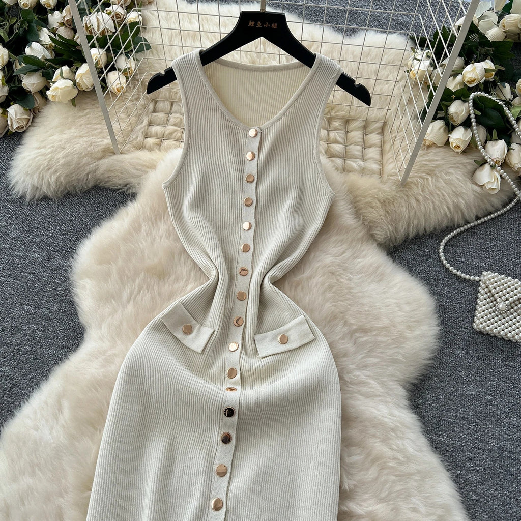 Elegant Solid Knitted O Neck Sleeveless Midi Dress Buttons