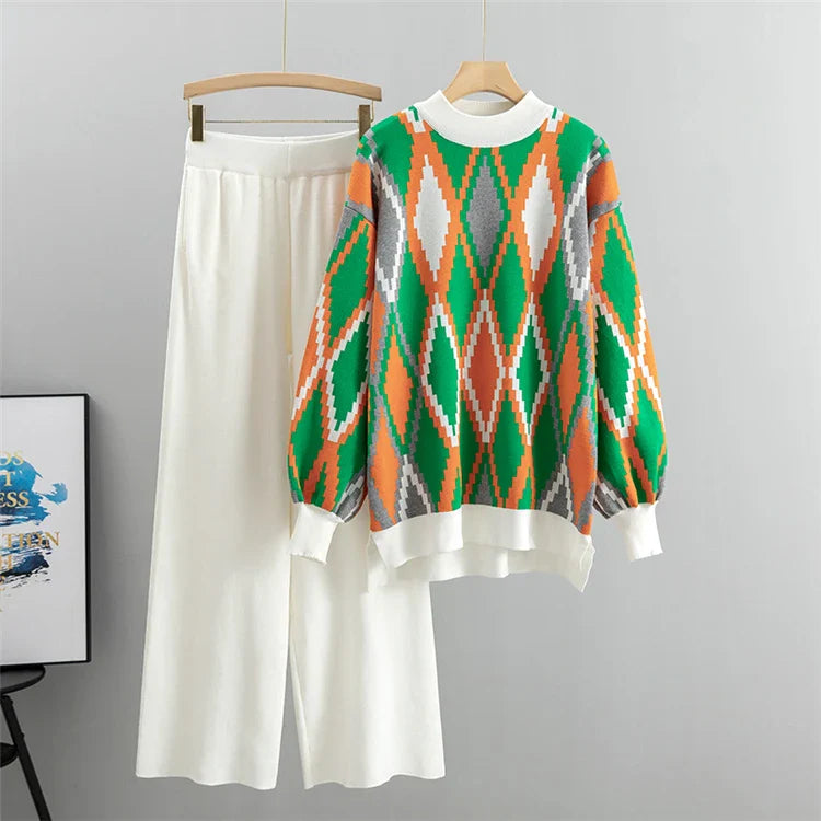 Loose Knitted Two Piece Women Casual Loungewear Sweater and Pants Set Winter Tracksuit