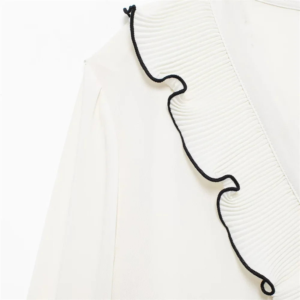 Color Block Splicing Long Sleeve V Neck Shirt with Decorative Edge and Layered Small Pleats