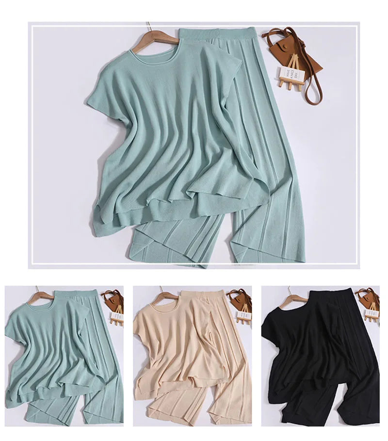 Women Chic Summer Loose Camisole Top and Wide Leg Pants Set with Raglan Sleeves and Pleated Design