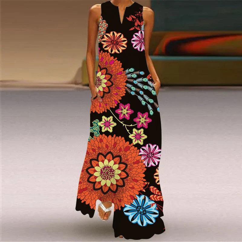 Womens Sleeveless V Neck Printed Maxi Dress For Summer