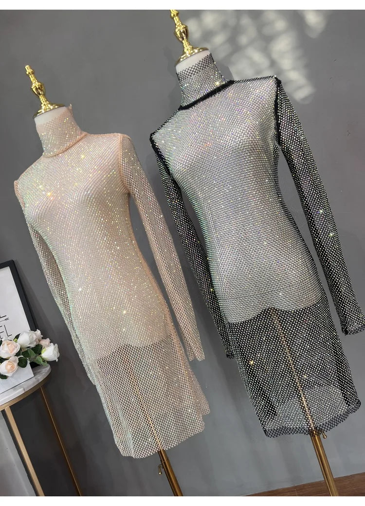 Rhinestone High Neck Glitter Party Dress Mid Length