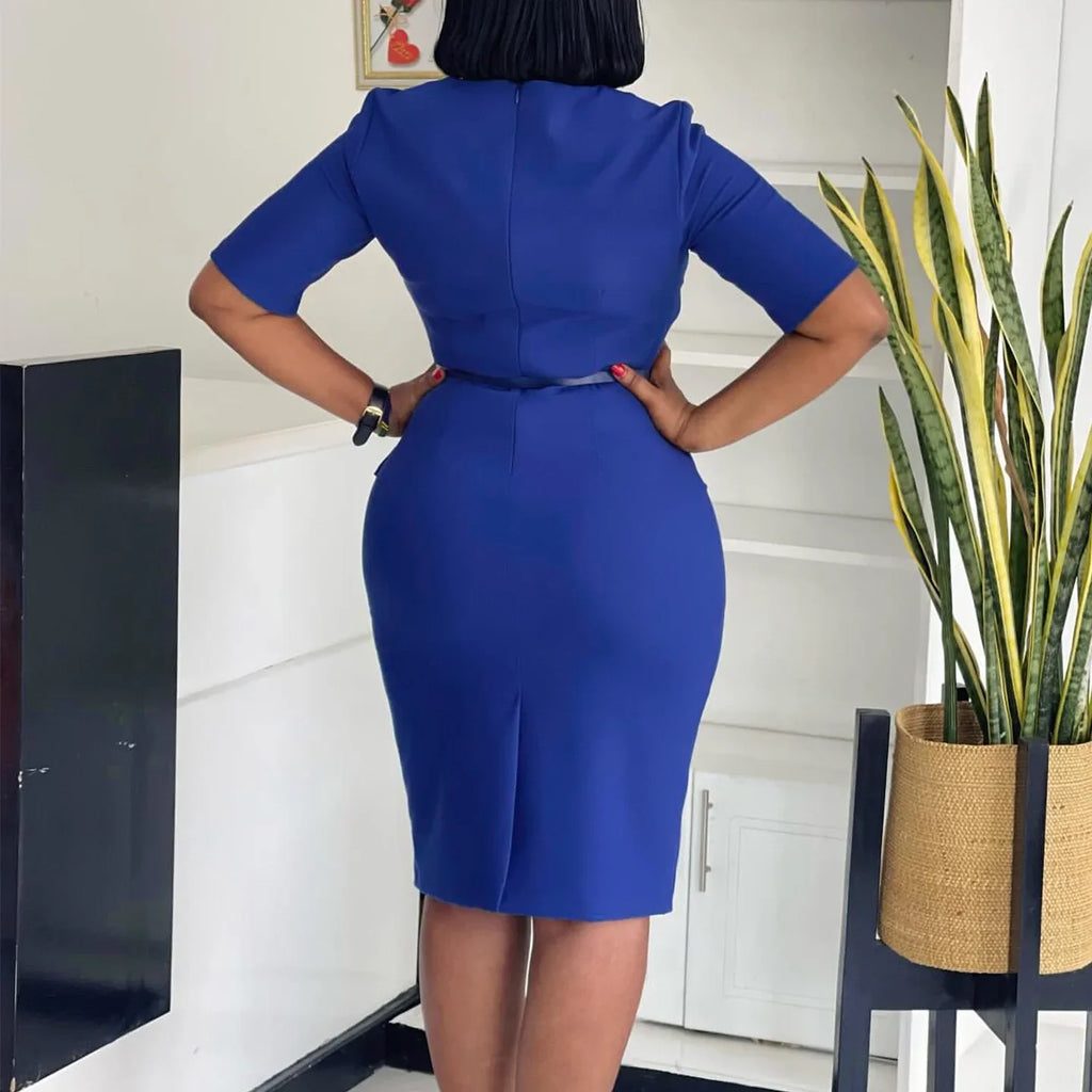 Women Square Neck Bodycon Midi Dress Belted For Work