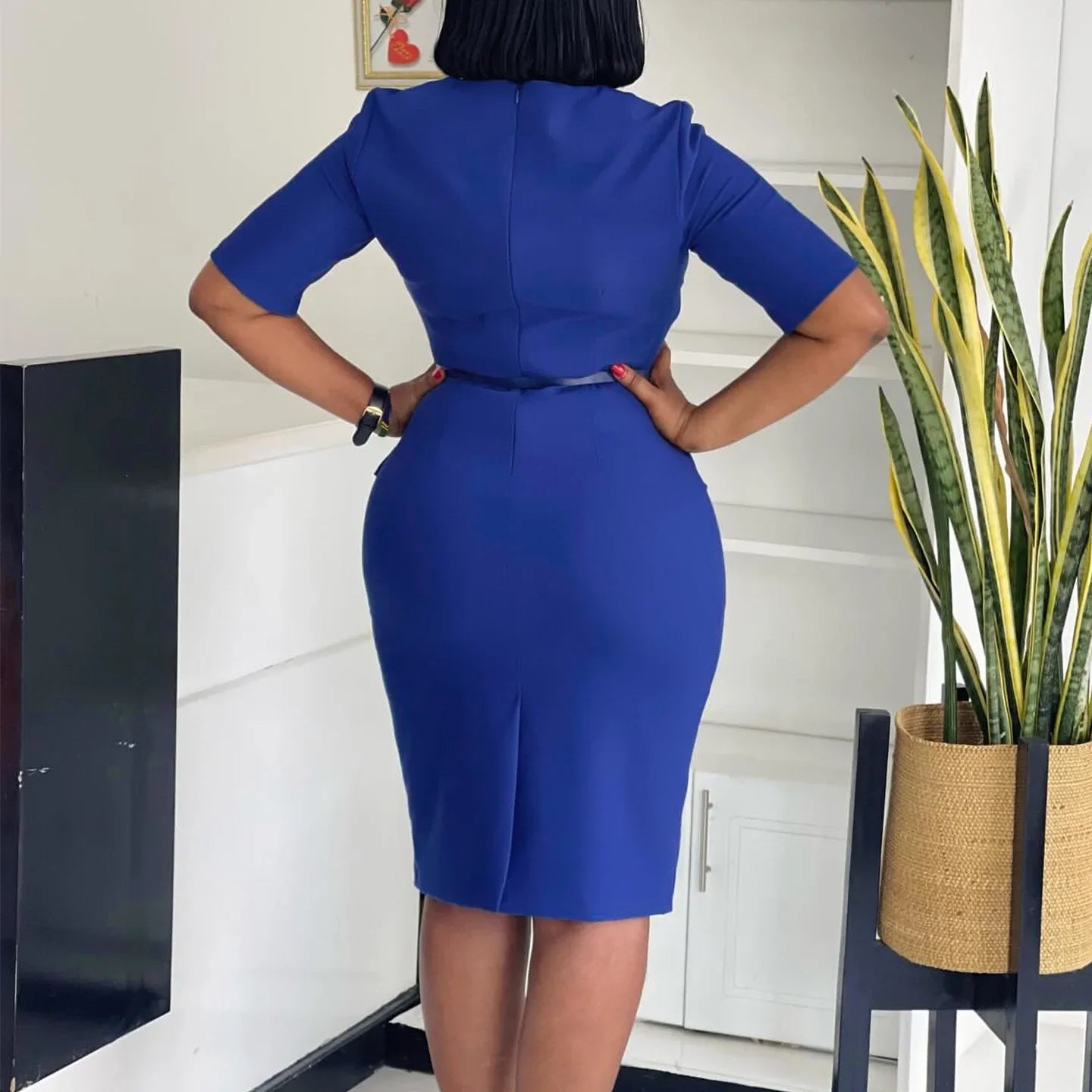 Women Square Neck Bodycon Midi Dress Belted For Work