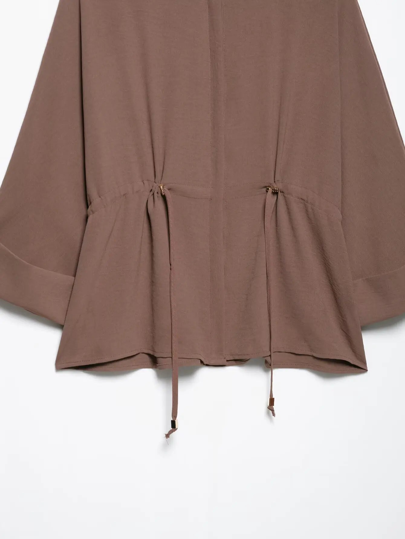 Women Camel Safari Style Flowing Shirt with Drawstring Waist Wide Sleeves and Turn-up Cuffs Casual Blouse for Holiday and Everyday Wear