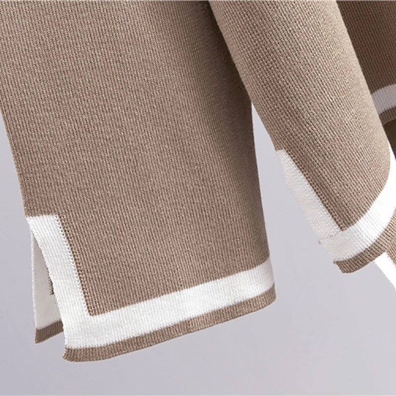 Spring Women Knitted Sweater Set Casual Pullover and Pant Outfit with Color Contrast Block Design