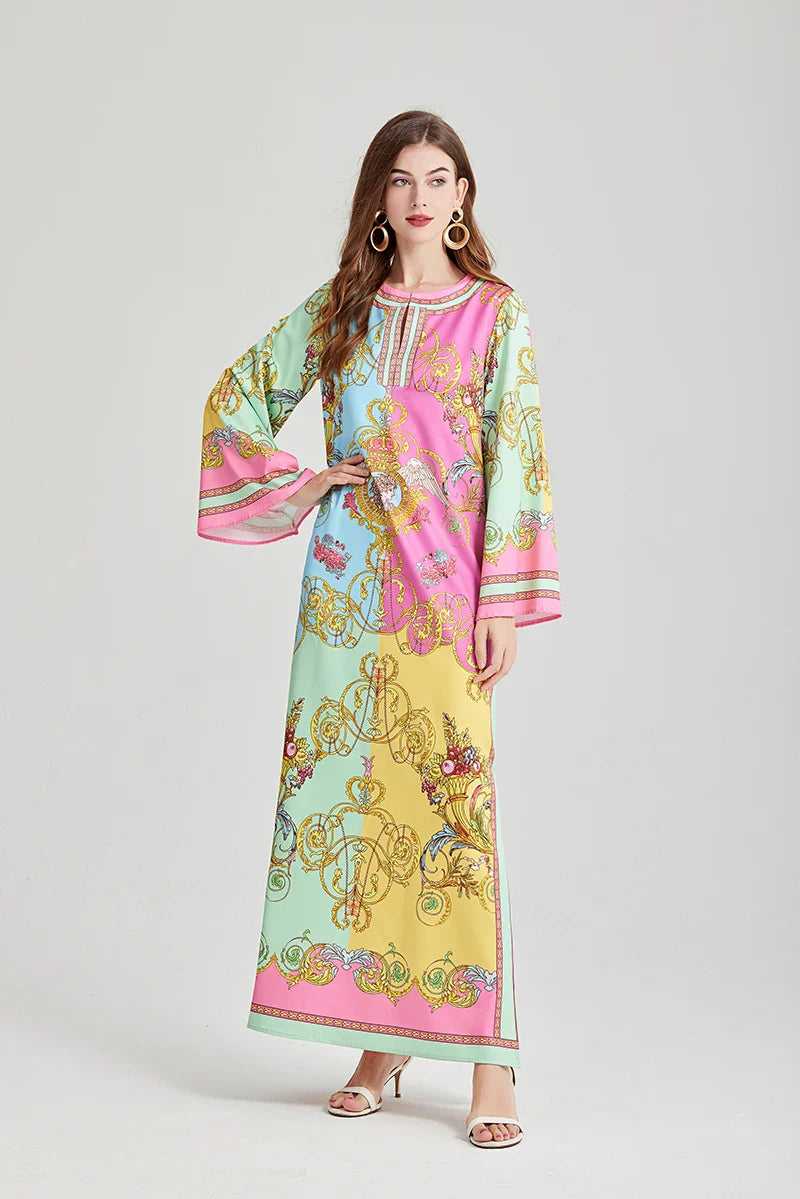 Bohemian Maxi Dress Floral Print Long Sleeve O Neck