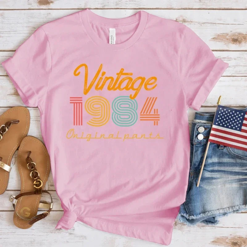 New Vintage 1984 Print T-Shirt for Women Casual Round Neck Summer Tee Loose Fit Short Sleeve