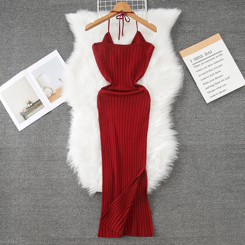 Ribbed Knit Bodycon Wrap Dress With Split Hem For Summer