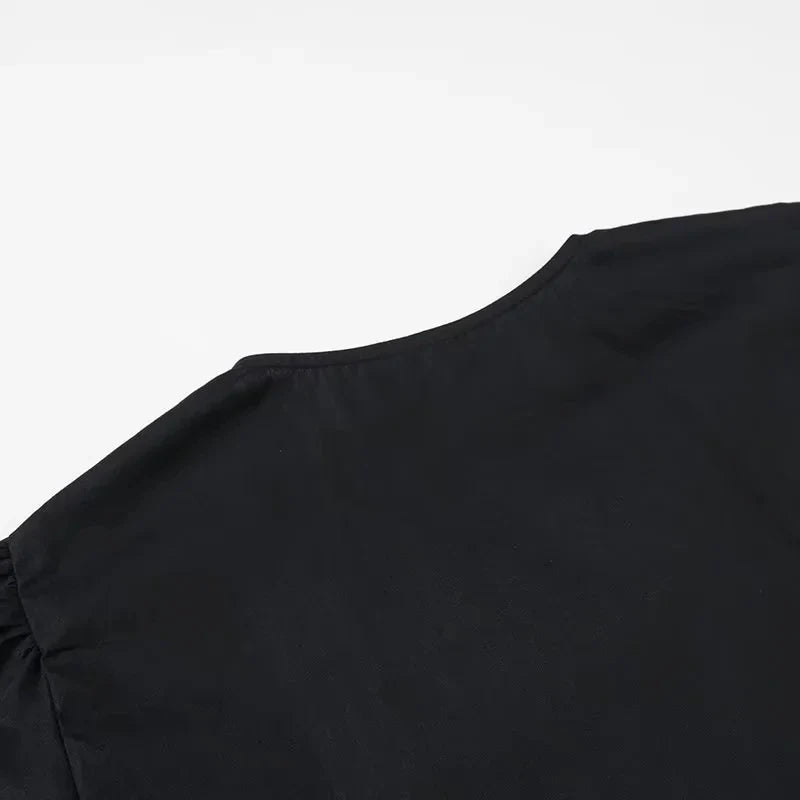 Women Bow Lace Up Puff Sleeve Blouse O Neck Sweet Casual Chic Top in White and Black