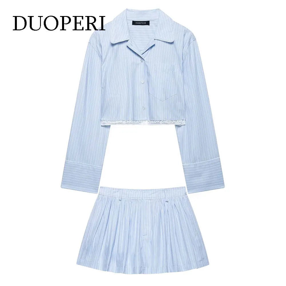 Women's Chic Two-Piece Blue Striped Long Sleeve Shirt and Front Zipper Mini Skirt Set