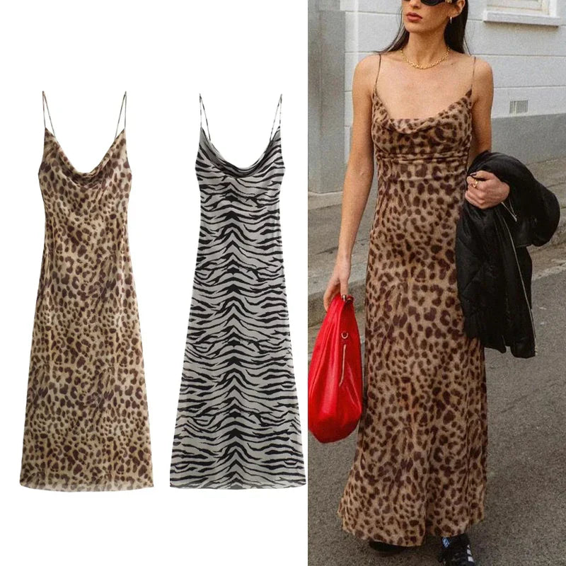 Leopard Zebra Print Tulle Slip Dress Midi Backless Party