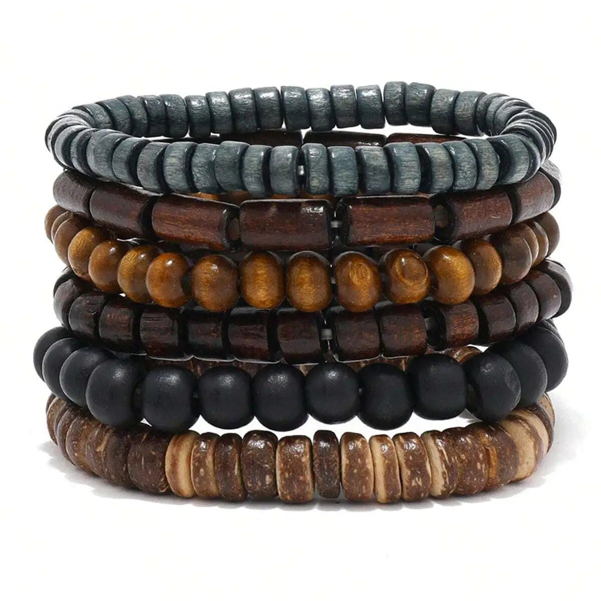 6PCS Wood Bead Leather Bracelet Set for Men Vintage Braided Wrap Fashion Armband